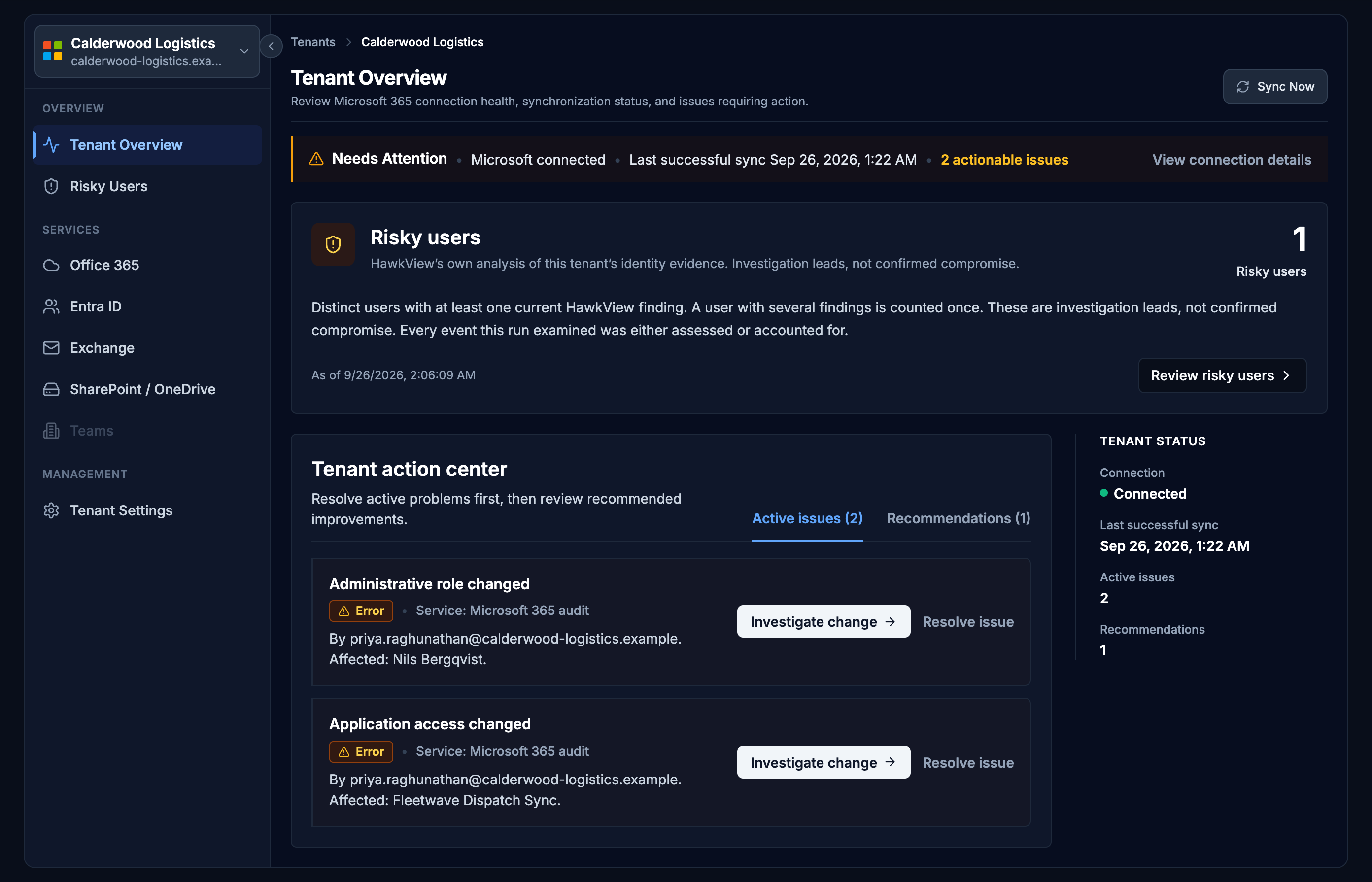 One customer&rsquo;s overview: connection state, last successful sync and issue count on one line, a risky-users count, and an action center listing two active issues, each naming the Microsoft service it came from, who made the change and who it affected