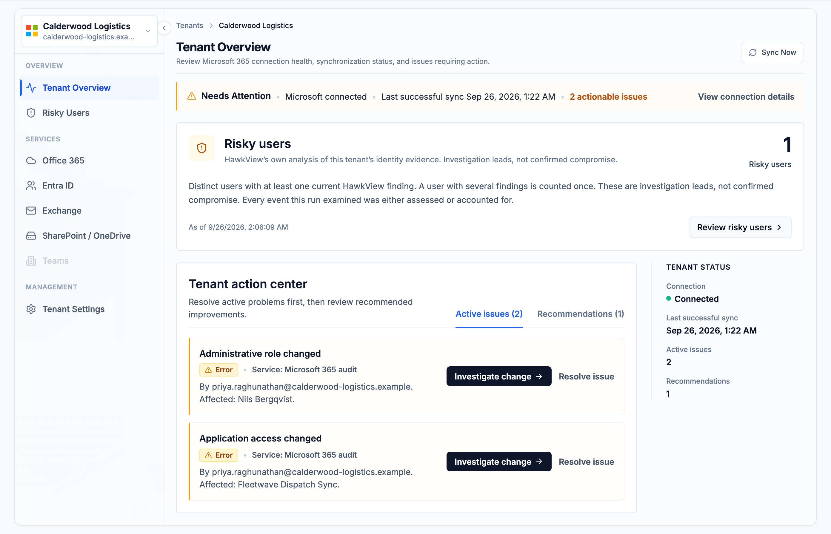 One customer&rsquo;s overview: connection state, last successful sync and issue count on one line, a risky-users count, and an action center listing two active issues, each naming the Microsoft service it came from, who made the change and who it affected